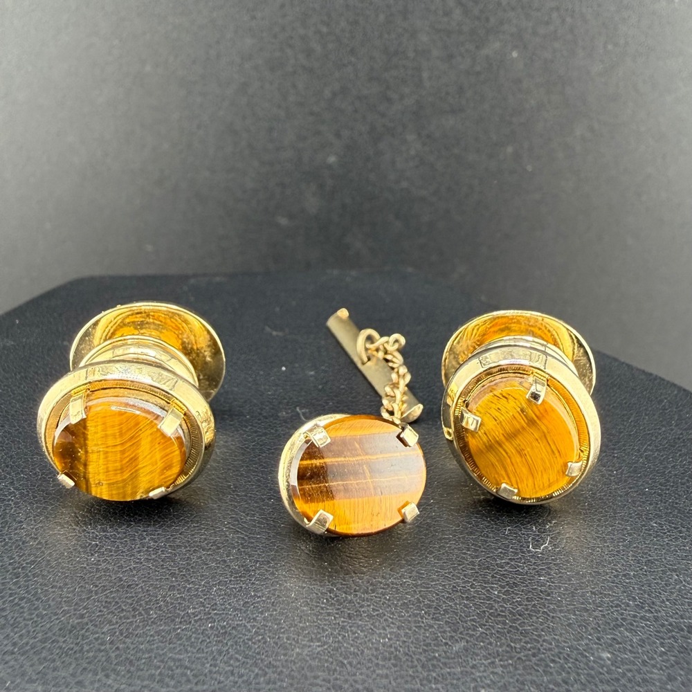 Vintage Swank Cufflinks Tie Tack Set Gold Brown Tiger Eye Style Formal READ
